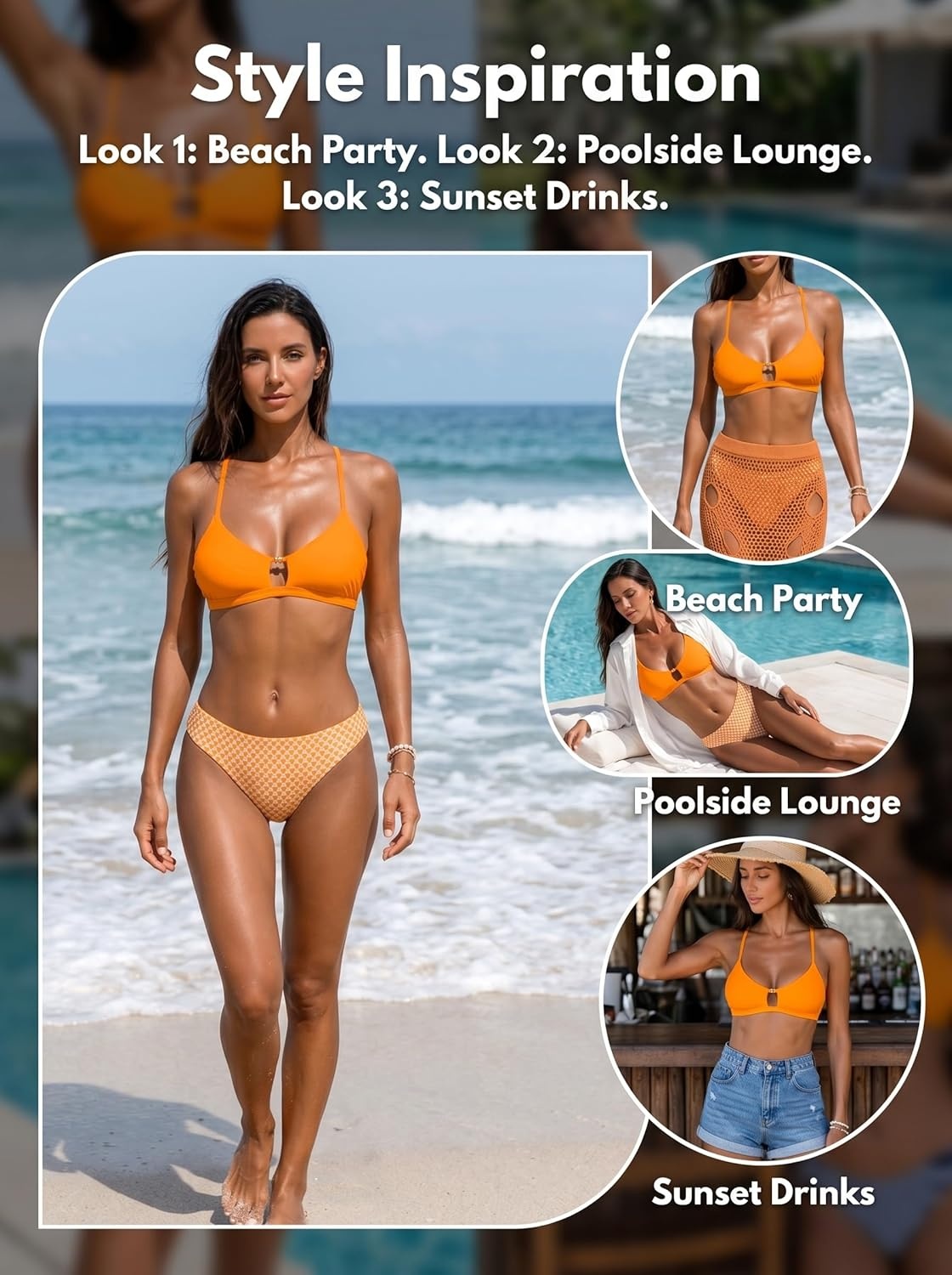 image:imageCUPSHE Womens Bikini Set Two Piece Swimsuit Scoop Neck Bathing Suit Front Cutout Crossback Self Tie Reversible BottomOrangeGeometric