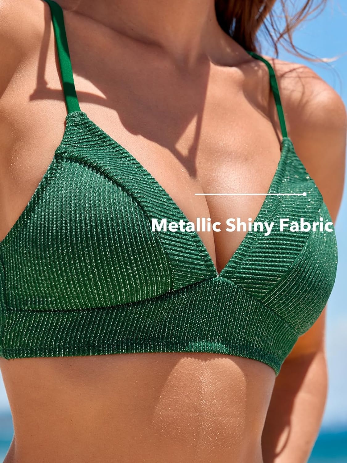 image:imageCUPSHE Womens Bikini Sets Two Piece Swimsuit High Waisted V Neck Textured Crisscross Back Tie Bathing SuitsDark Green