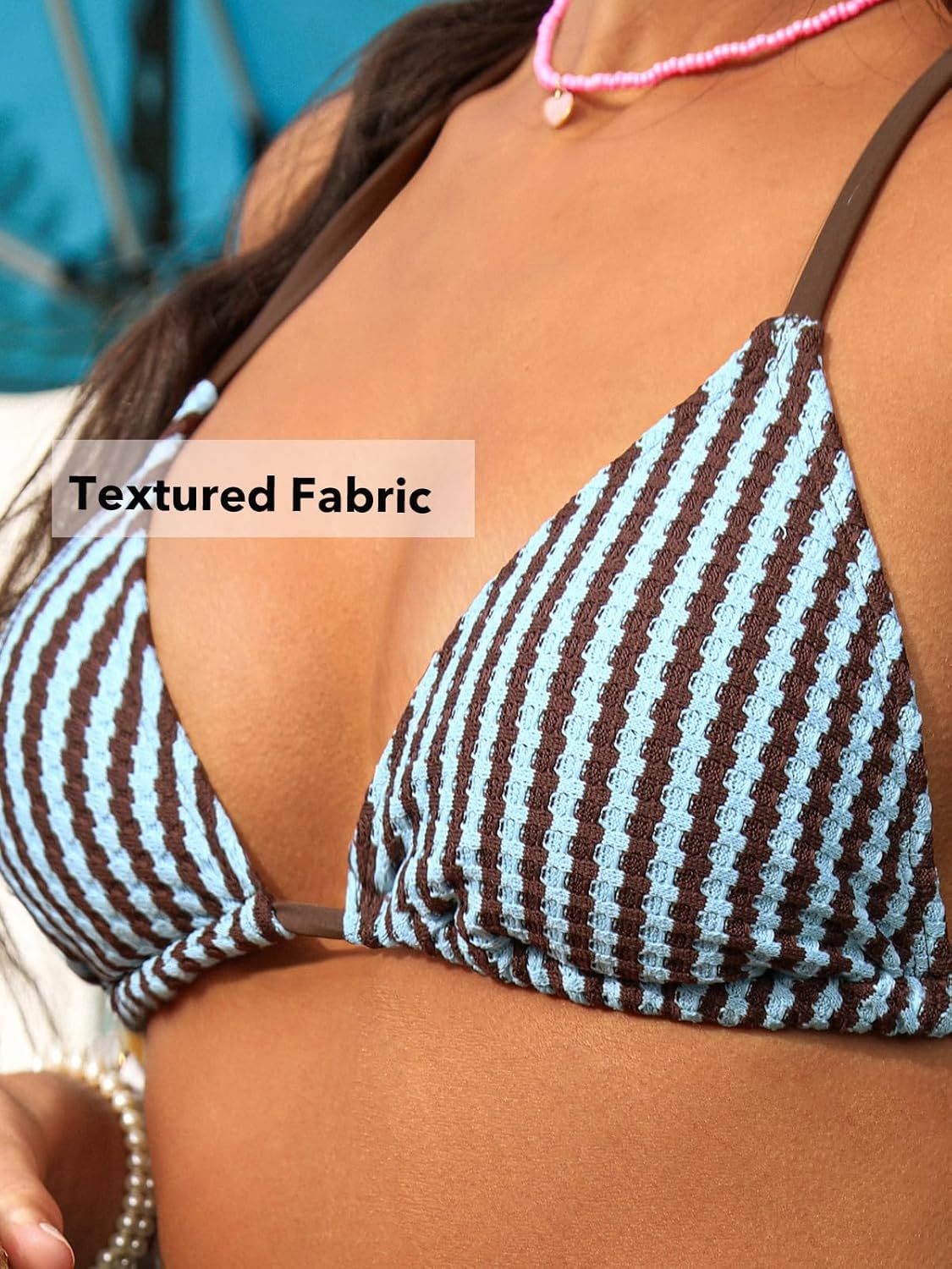 image:imageCUPSHE Womens Bikini Sets Two Piece Swimsuit V Neck Textured Crossback Self Tie Low Rise Bathing SuitBrownBlueStriped