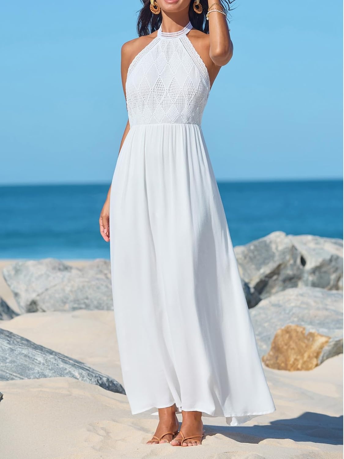image:imageCUPSHE Womens Summer Halter Maxi Dress Lace Crochet Sleeveless Flowy Boho Beach A Line Vacation Resort Wedding Guest DressWhite