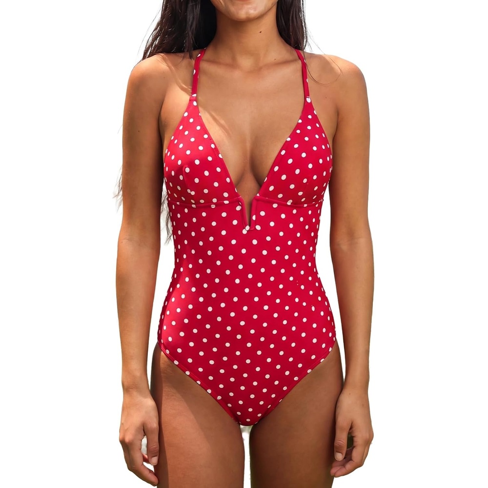 image:imageCUPSHE Women Swimsuit One Piece Bathing Suit Deep V Neck Crisscross Back Adjustable StrapRed Polka Dots