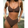 CUPSHE Bikini Set for Women Two Piece Swimsuits Cut Out High Waisted Scoop Neck V Cut Bottom(Chocolate Brown)