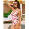 CUPSHE Women Swimsuit One Piece Bathing Suit Deep V Neck Crisscross Back Adjustable Strap(Beige/Pink Floral)