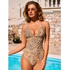 CUPSHE Women Swimsuit One Piece Bathing Suit Deep V Neck Crisscross Back Adjustable Strap(Brown Leopard)