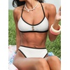 CUPSHE Women’s Bikini Set Two Piece Swimsuit High Waisted Bathing Suit Scoop Neck Cheeky Textured Crossback Self Tie(Black/White)