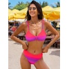 CUPSHE Women’s Bikini Set Two Piece Swimsuit V Neck Ruched Bathing Suit Back Hook Mid Rise Color Block(Gradient Pink/Purple)