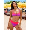 CUPSHE Women’s Bikini Set Two Piece Swimsuit V Neck Ruched Bathing Suit Back Hook Mid Rise Color Block(Gradient Pink/Purple)