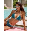 CUPSHE Women’s Bikini Sets Two Piece Swimsuit Sexy Low Rise Bathing Suits Halter Strappy Tie Stitching(Teal/Leopard)