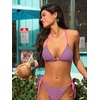 CUPSHE Women’s Bikini Sets Two Piece Swimsuit V Neck Textured Crossback Self Tie Low Rise Bathing Suit(Pink/Purple/Striped)