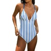 CUPSHE Women Swimsuit One Piece Bathing Suit Deep V Neck Crisscross Back Adjustable Strap(Blue Striped)
