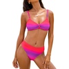CUPSHE Women’s Bikini Set Two Piece Swimsuit V Neck Ruched Bathing Suit Back Hook Mid Rise Color Block(Gradient Pink/Purple)