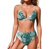 CUPSHE Women’s Bikini Set V Neck Two Piece Swimsuit Textured Crossback Self Tie Mid Rise Bathing Suit(White/Dark Green)