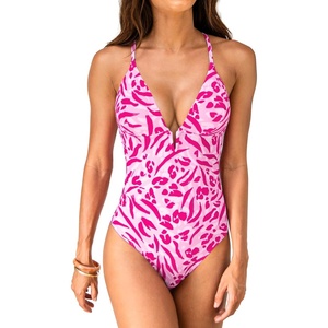CUPSHE Women Swimsuit One Piece Bathing Suit Deep V Neck Crisscross Back Adjustable Strap(Pink Animal)