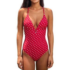 CUPSHE Women Swimsuit One Piece Bathing Suit Deep V Neck Crisscross Back Adjustable Strap(Red Polka Dots)