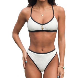 CUPSHE Women’s Bikini Set Two Piece Swimsuit High Waisted Bathing Suit Scoop Neck Cheeky Textured Crossback Self Tie(Black/White)