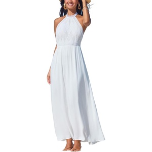 CUPSHE Women’s Summer Halter Maxi Dress Lace Crochet Sleeveless Flowy Boho Beach A Line Vacation Resort Wedding Guest Dress(White)