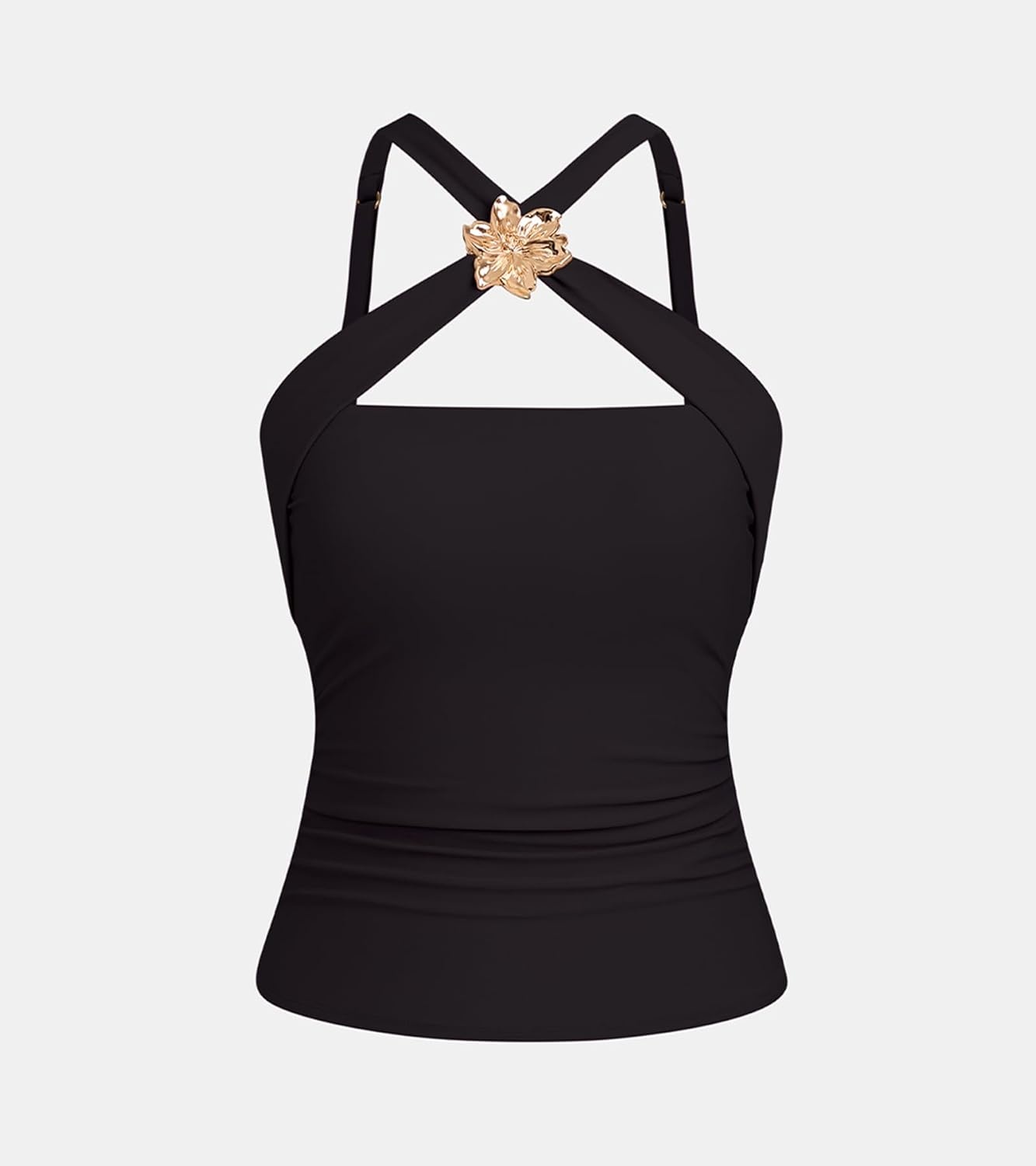 image:imageCUPSHE Bikini Top for Women Cross Hight Neck Ruching Bathing Suit with Metal Flower DecorationBlack