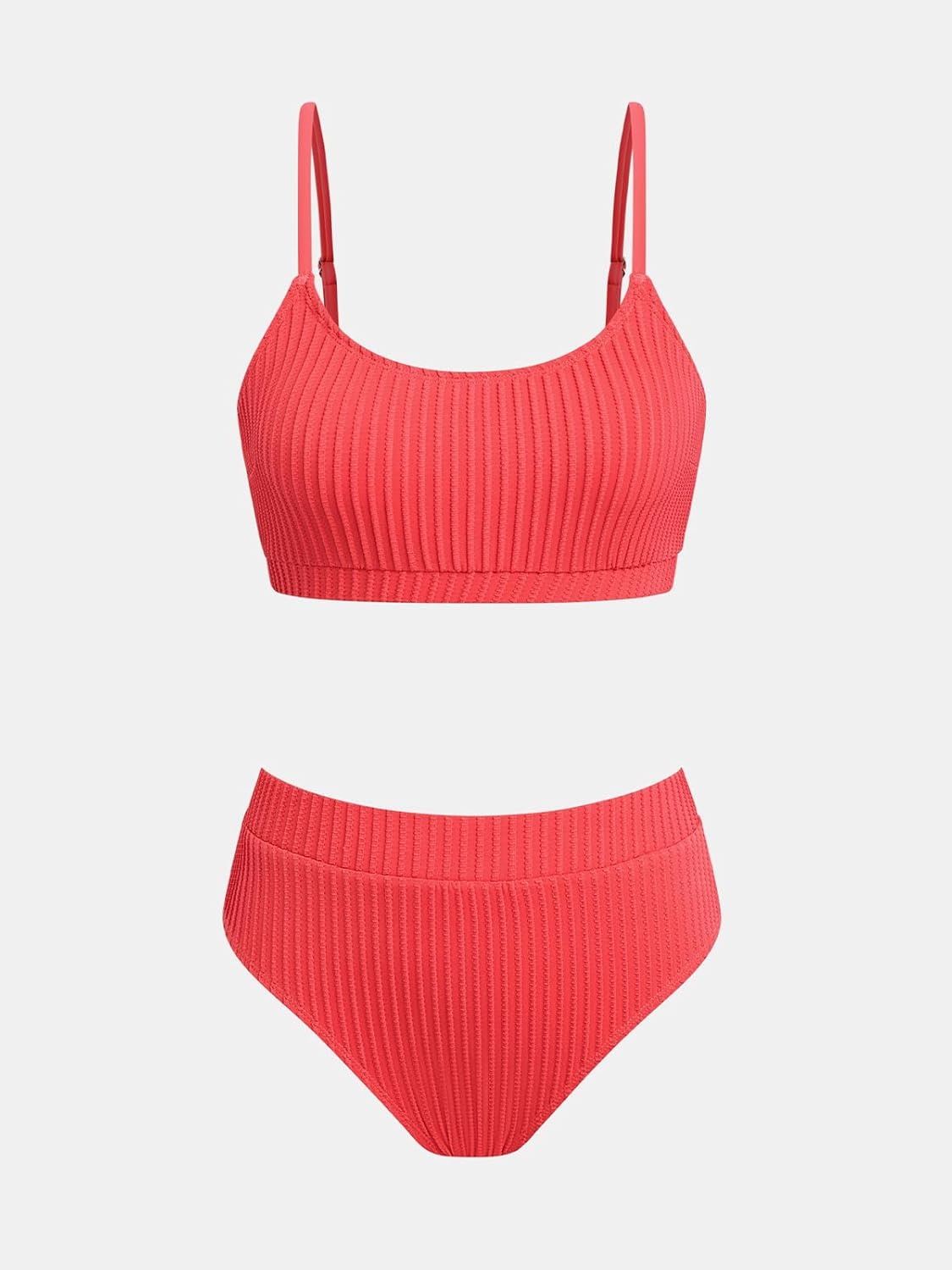 image:imageCUPSHE Womens Bikini Set Two Piece Swimsuits High Waisted Scoop Neck Spaghetti Adjustable Straps TexturedCoral Red