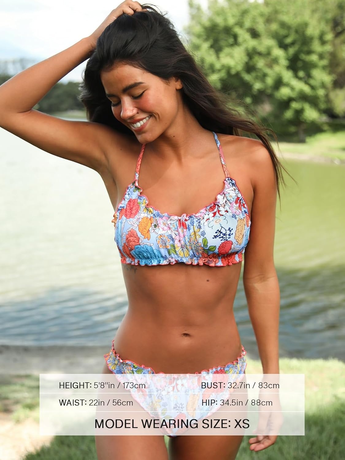 image:imageCUPSHE Womens Bikini Sets Two Piece Swimsuit Low Rise Bathing Suits Ruffled Scoop Neck Crossback Tie CheekyRed Blue Floral