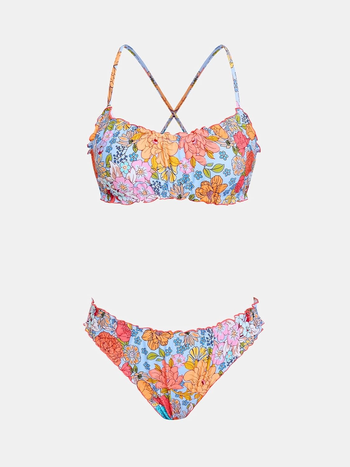 image:imageCUPSHE Womens Bikini Sets Two Piece Swimsuit Low Rise Bathing Suits Ruffled Scoop Neck Crossback Tie CheekyRed Blue Floral