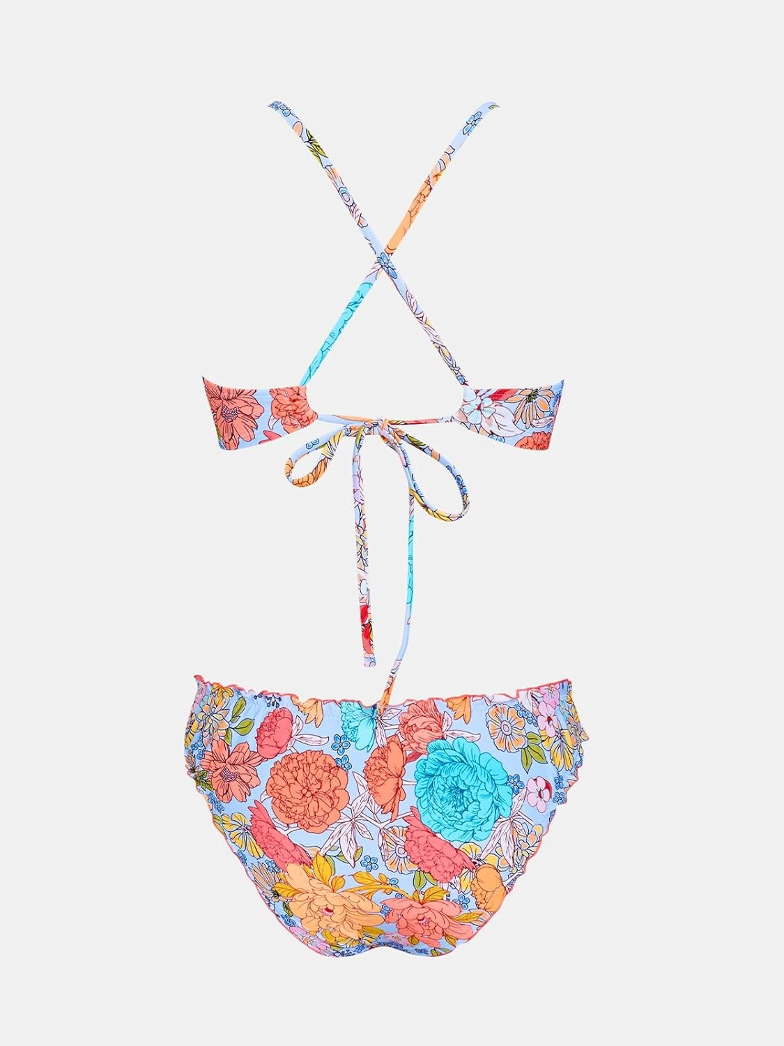 image:imageCUPSHE Womens Bikini Sets Two Piece Swimsuit Low Rise Bathing Suits Ruffled Scoop Neck Crossback Tie CheekyRed Blue Floral