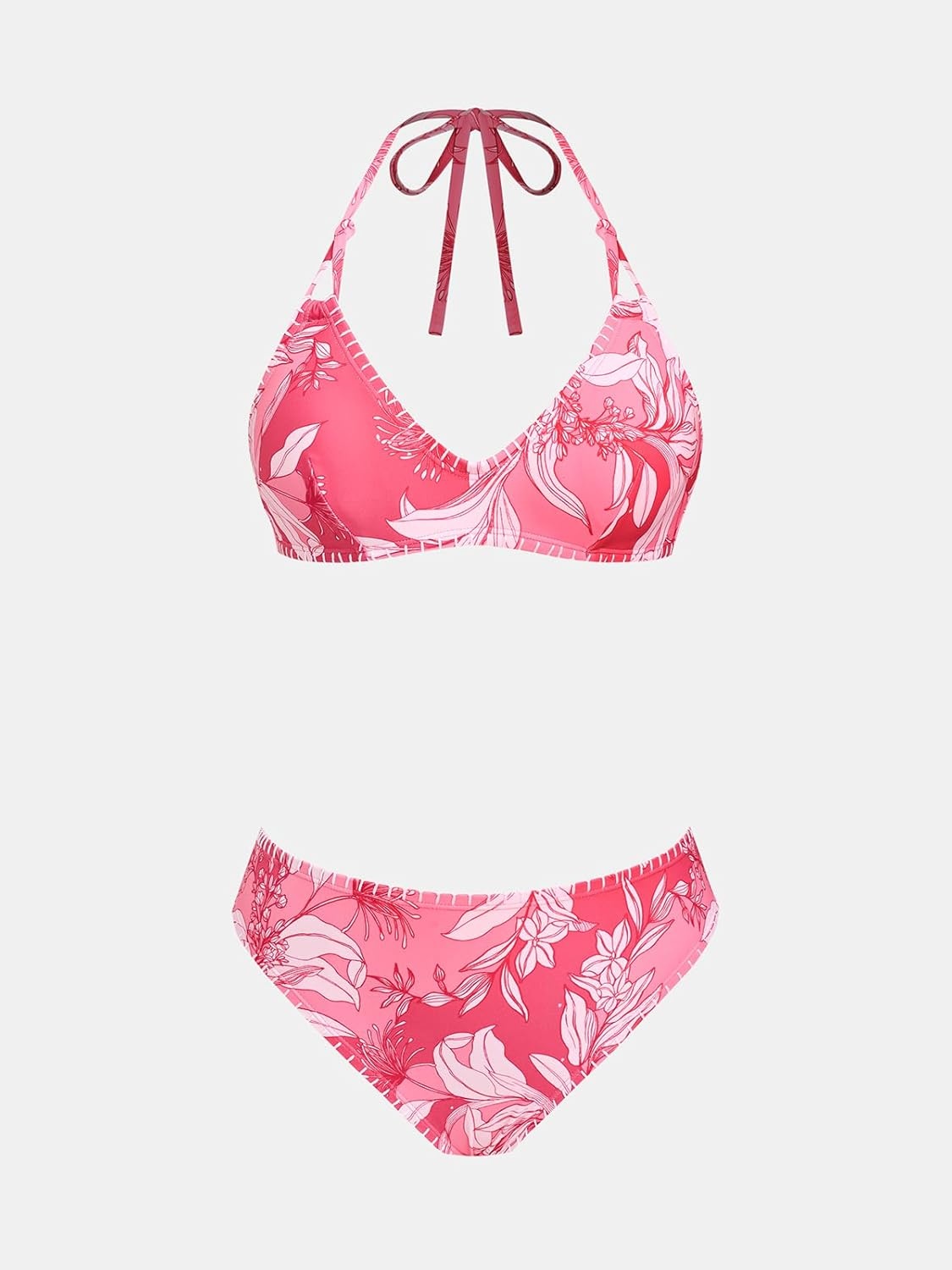 image:imageCUPSHE Womens Bikini Sets Two Piece Swimsuit V Neck Halter Stitching Back Hook Cutout Straps Mid RisePink Floral