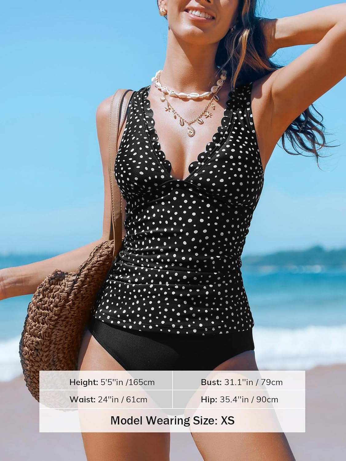 image:imageCUPSHE Womens Tankini Sets Scalloped V Neck Two Piece Bathing Suits Crossback Straps High Waisted RuchedBlackDots