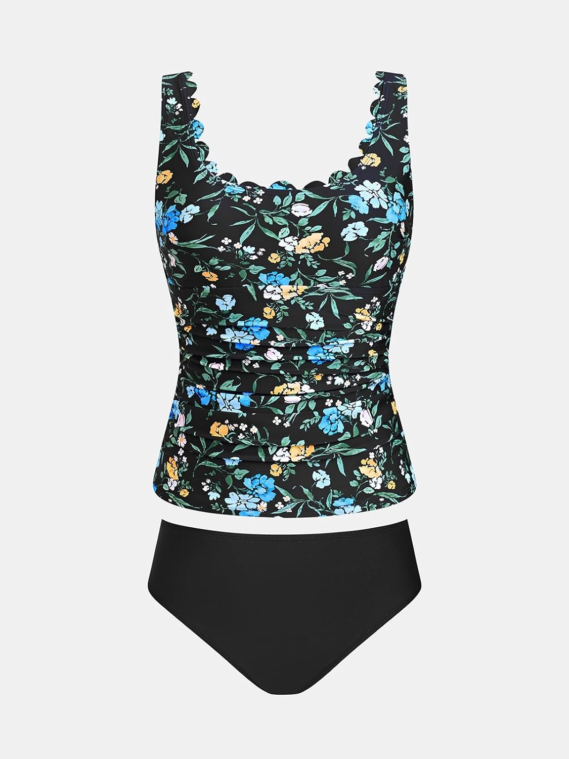 image:imageCUPSHE Womens Tankini Sets Scoop Neck Scallop Trim Two Piece Swimsuit Adjustable Wide Straps Ruching SwimwearBlack Floral