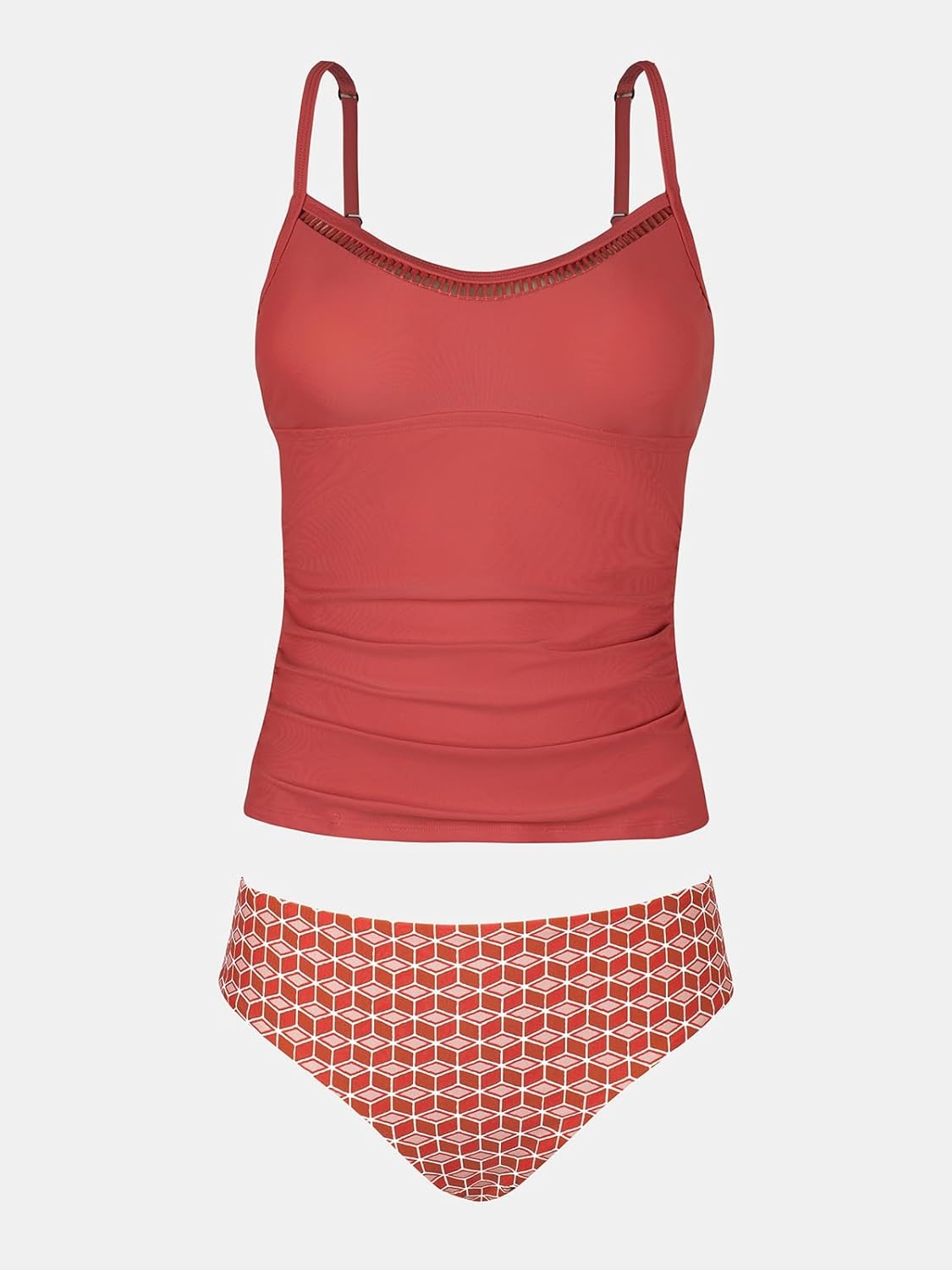 image:imageCUPSHE Womens Tankini Sets Two Piece Swimsuit Scoop Neck Cutout Ruched Mid Rise Reversible BottomRedDiamond