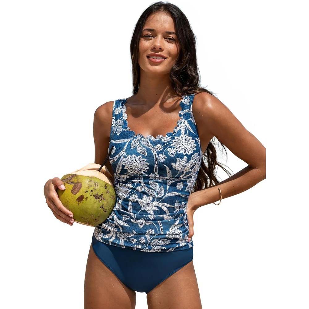 image:imageCUPSHE Womens Tankini Sets Scoop Neck Scallop Trim Two Piece Swimsuit Adjustable Wide Straps Ruching SwimwearCobalt Blue Floral