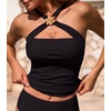 CUPSHE Bikini Top for Women Cross Hight Neck Ruching Bathing Suit with Metal Flower Decoration(Black)