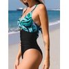 CUPSHE Women Swimsuit One Piece Bathing Suit Tummy Control V Neck Crisscross Wide Straps Self Tie Lace Up(Teal/Black)