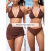CUPSHE Women’s Bikini Sets Three Piece Swimsuit V Neck Textured Halter Back Self Tie Drawstring Sarong O Ring(Caramel)