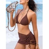 CUPSHE Women’s Bikini Sets Three Piece Swimsuit V Neck Textured Halter Back Self Tie Drawstring Sarong O Ring(Caramel)