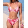 CUPSHE Women’s Bikini Sets Two Piece Swimsuit V Neck Halter Stitching Back Hook Cutout Straps Mid Rise(Pink Floral)