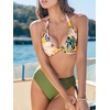 CUPSHE Women’s Bikini Sets Two Piece Swimsuit V Neck Halter Straps Push Up Underwire Bathing Suit Mid Rise(Olive Green/Tropical)