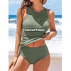 CUPSHE Women’s Tankini Sets High Neck Mesh Cutout Back Hook Swimwear Two Piece Bathing Suits(Olive Green)