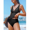 CUPSHE Women’s Tankini Sets Scalloped V Neck Two Piece Bathing Suits Crossback Straps High Waisted Ruched(Black/Dots)