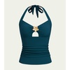 CUPSHE Women’s Tankini Top Swimsuit Ruched Slimming Swim Top Only Cutout Halter Self Tie Bathing Suit Top Textured(Teal Green)