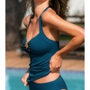 CUPSHE Women’s Tankini Top Swimsuit Ruched Slimming Swim Top Only Cutout Halter Self Tie Bathing Suit Top Textured(Teal Green)