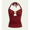 CUPSHE Women’s Tankini Top Swimsuit Ruched Slimming Swim Top Only Cutout Halter Self Tie Bathing Suit Top Textured(True Red)