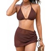 CUPSHE Women’s Bikini Sets Three Piece Swimsuit V Neck Textured Halter Back Self Tie Drawstring Sarong O Ring(Caramel)