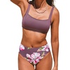 CUPSHE Women’s Bikini Sets Two Piece Swimsuit High Waisted Bathing Suit Square Neck Back Hook Textured Swimwear(Purple/Floral)
