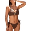 CUPSHE Women’s Bikini Sets Two Piece Swimsuit V Neck Textured Halter Crossback Self Tie Cheey Bottom(Brown)