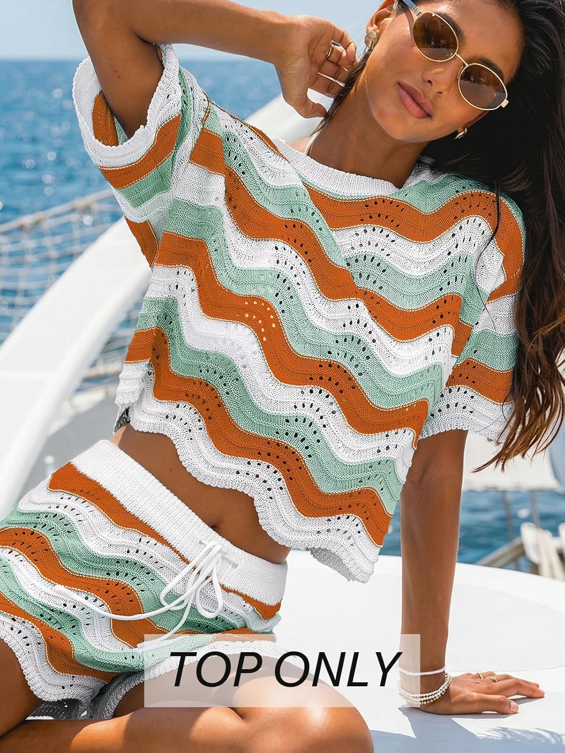 image:imageCUPSHE Womens Crochet Cover Up Top Striped Short Sleeve Beach Cover Up Top Summer Casual Tops for SwimwearOrangegreen Striped