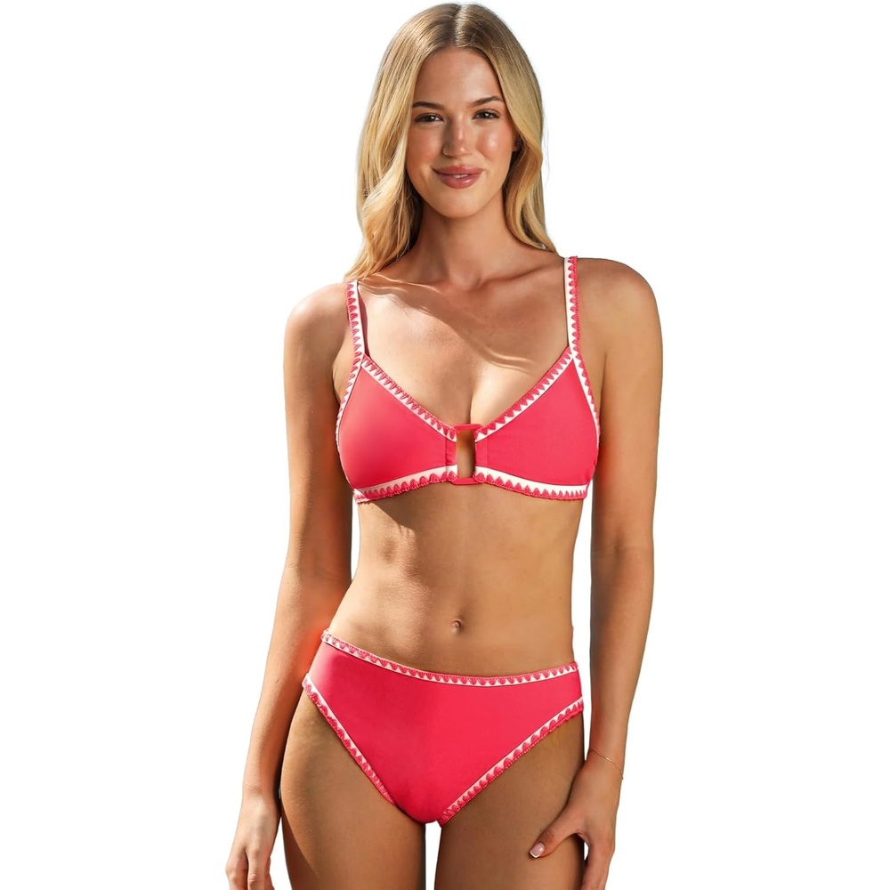 image:imageCUPSHE Two Piece Swimsuit Women V Neck O Ring Stitching Bikini Set Color Blocked Back Hook SwimwearRedWhite