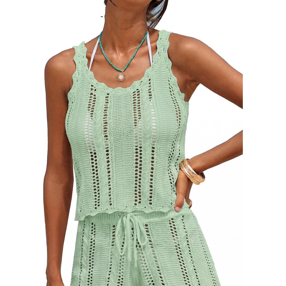 image:imageCUPSHE Women Crochet Coverup Tops Sleeveless Scalloped Cropped Beach Coverup TopGreen