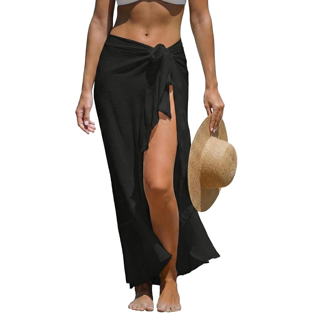 image:imageCUPSHE Women Sarong Coverups Chiffon Ruffle Self Tie Sarong Wraps Skirt Beach Sarongs for SwimwearBlack