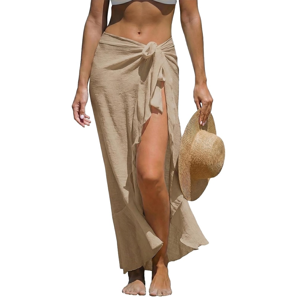 image:imageCUPSHE Women Sarong Coverups Chiffon Ruffle Self Tie Sarong Wraps Skirt Beach Sarongs for SwimwearBrown