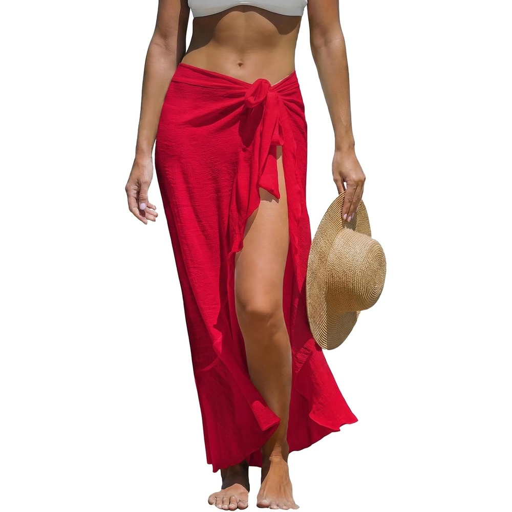 image:imageCUPSHE Women Sarong Coverups Chiffon Ruffle Self Tie Sarong Wraps Skirt Beach Sarongs for SwimwearRed
